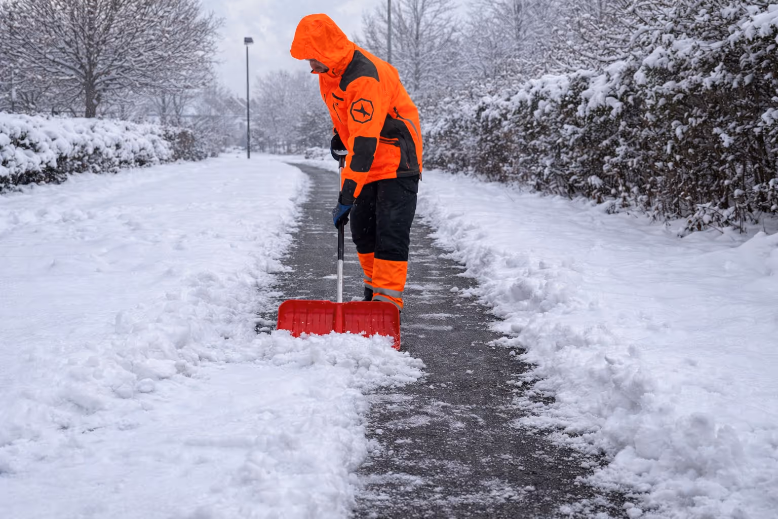Verschneiter Gehweg wird mit der Schneeschaufel geräumt