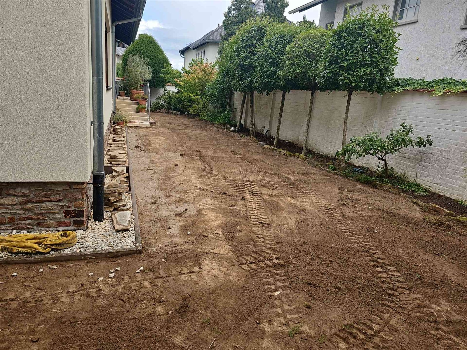 Die Fläche nach dem Abtragen des alten Rasens, entlang der Mauer die Hochstämme