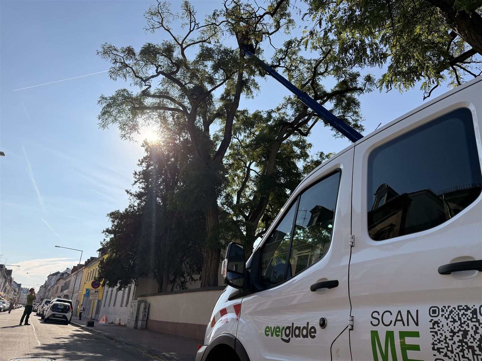Firmenwagen der Everglade GmbH vor einem großen Baum, im Hintergrund der Hubsteiger