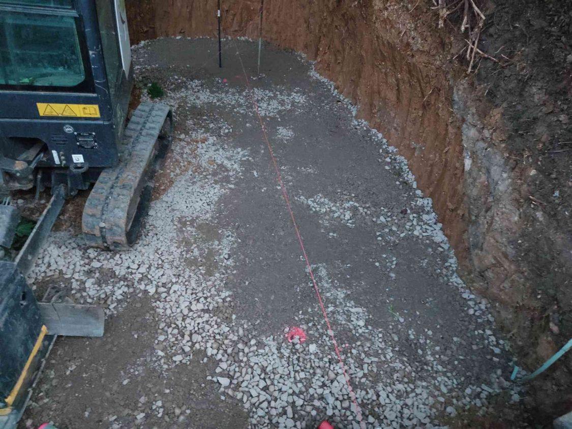 Schotterplanum mit gespannter Schnur für die Flucht der Wand