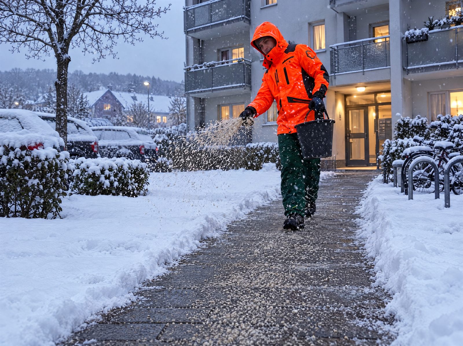 Mitarbeiter der Everglade GmbH in Warnjacke streut am frühen Morgen den geräumten Weg zum Eingang einer Wohnanlage
